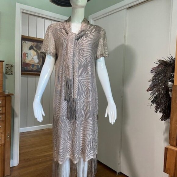 Beige and Black Fringed Cocktail Dress - Picture 1 of 7